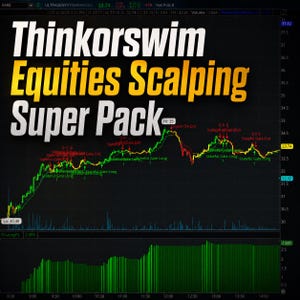 Peut inclure: Un graphique boursier numérique sur fond sombre avec le texte Thinkorswim Equities Scalping Super Pack. Le graphique affiche les fluctuations de prix avec des lignes vertes et rouges, des indicateurs étiquetés et un histogramme de volume vert.