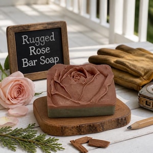 May include: A square bar of soap with a sculpted rose design on top, featuring a dusty rose-colored upper section and a dark green base. A small chalkboard sign behind the soap displays the white text Rugged Rose Bar Soap in a serif font.