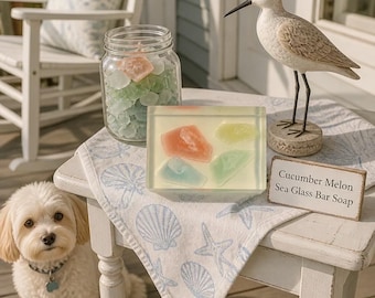 Gurken-Melonen-Seife mit Meeresglas-Effekt | Aloe-Vera-Glycerinseife | Transparente Seife im Küstenstil | Stranddeko fürs Badezimmer | Einzigartiges handgefertigtes Geschenk