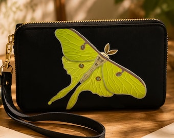 Luna Moth Wristlet Wallet | Black Moth Clutch Purse | Botanical Insect Wallet | The Curiosity Collection