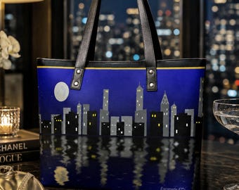 City Skyline Handbag | Blue & Black Shoulder Tote Purse | Night City Bag – Midnight Escape Collection