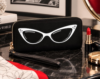 Retro Wristlet Wallet | 1950s Inspired Black Clutch Purse | Vintage Style | Lipstick & Chrome Collection