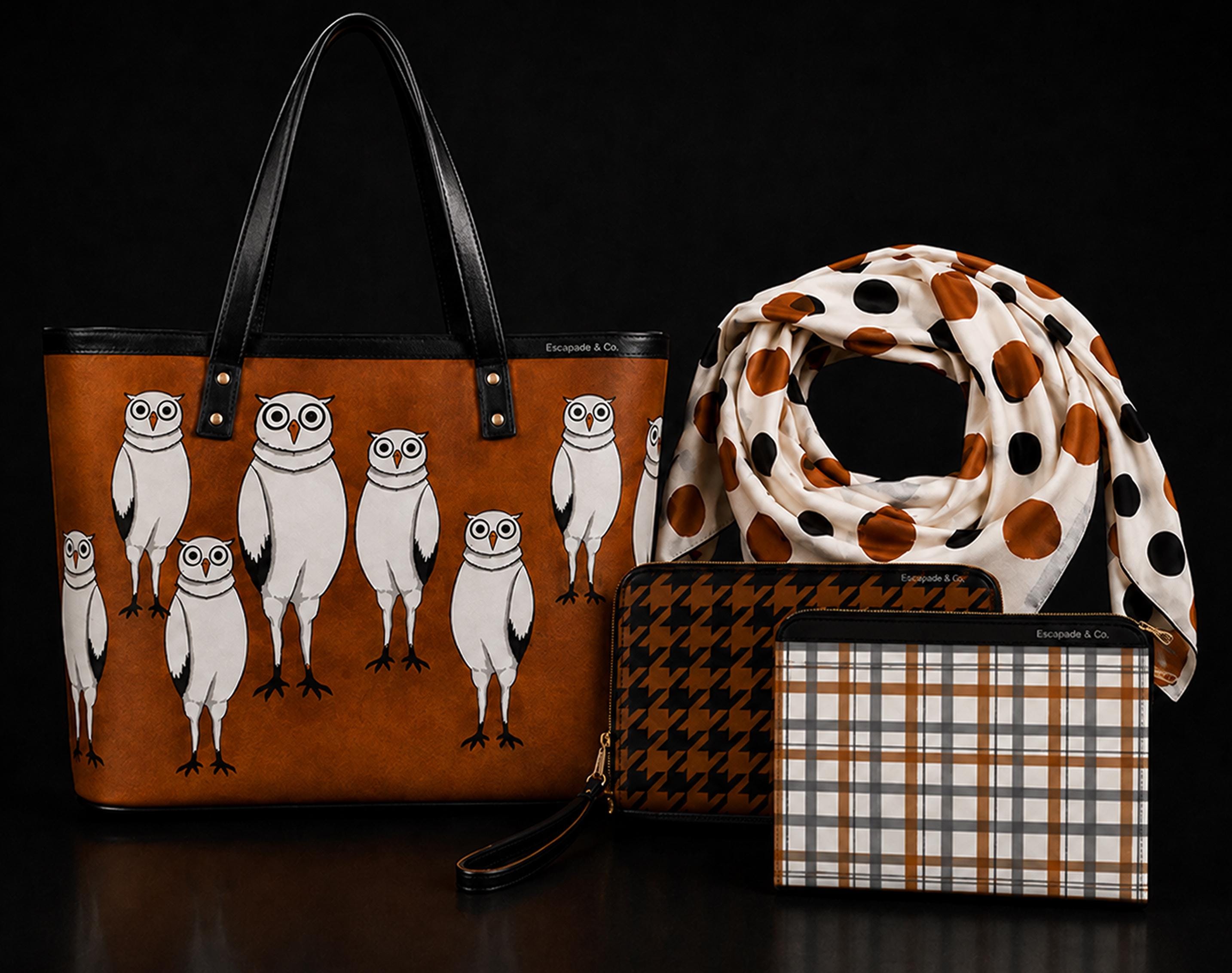 Owl Handbag 4-Piece Gift Set | Tote, Wristlet, Scarf & Cosmetic Bag | The Parliament Collection