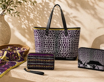 Purple Leopard Handbag 4-Piece Set | Wristlet, Scarf & Makeup Bag | Tanzania Twilight Collection