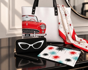 Retro Handbag Set | 1950s Inspired Purse, Wristlet, Scarf, Makeup Bag | Lipstick & Chrome