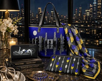 Art Deco Handbag Set with Wristlet, Scarf & Makeup Bag | Midnight Escape Collection