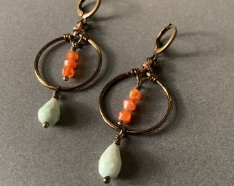 Carnelian and green Opal hoop dangles