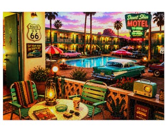 Retro Route 66 Motel Scene Jigsaw Puzzle with Tin | 500 & 1000 pc