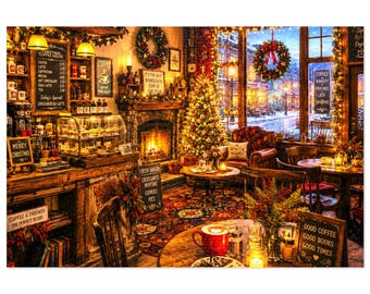 Cozy Christmas Café Jigsaw Puzzle with Tin | Holiday Coffee Shop Puzzle | 500 & 1000 pc