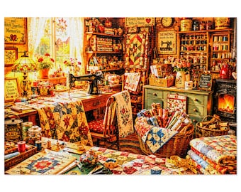 Gemütliche Quilt-Näherei-Szene Puzzle mit Blechdose | 500 & 1000 Teile Puzzle