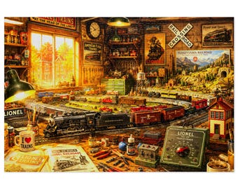 Vintage Model Train Room Puzzle mit Blechdose | Retro Eisenbahn Werkstatt Szene | 500 & 1000tlg
