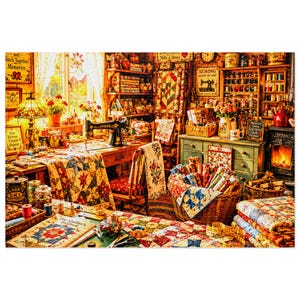 Pode incluir: Uma ilustração detalhada de uma sala de costura com uma máquina de costura Singer vintage, colchas de retalhos coloridas, prateleiras cheias de carretéis de linha, uma cesta de vime com rolos de tecido, uma lâmpada e uma lareira acesa.