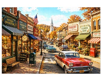 1950's Herbstszene Main Street Puzzle aus Blech | Oldtimer Stadt Puzzle | 500 & 1000tlg
