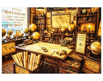 Antique Map And Globe Shop Jigsaw Puzzle with Tin | Vintage Explorer Scene | 500 & 1000 pc