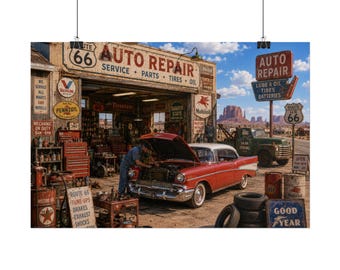 Route 66 Auto Repair Garage Rolled Poster | Vintage Car Service Scene