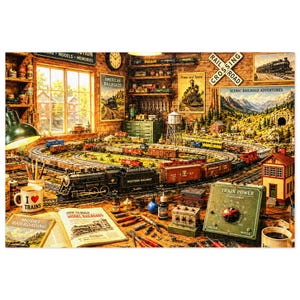 Vintage Model Train Room jigsaw puzzle with tin | retro railroad workshop scene | 500 & 1000 pc