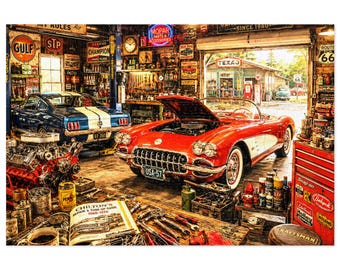 Vintage Classic Car Garage Jigsaw Puzzle mit Dose | Oldtimer Werkstatt Motiv | 500 & 1000tlg
