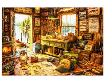 Old Cabin Next To The Lake Jigsaw Puzzle with Tin | Scenic Lake Cabin Puzzle | 500 & 1000 pc