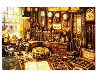 Antique Clock Repair Shop Jigsaw Puzzle with Tin | Vintage Workshop Scene | 500 & 1000 pc