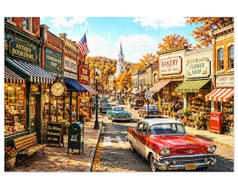 1950's Main Street Fall Scene Jigsaw Puzzle with Tin | Classic Car Town Puzzle | 500 & 1000 pc
