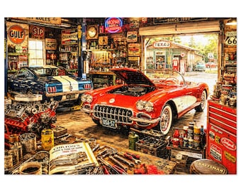 Vintage Classic Car Garage Jigsaw Puzzle with Tin | Classic Car Workshop Scene | 500 & 1000 pc