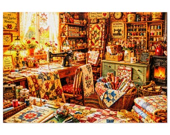 Cozy Quilt Sewing Shop Scene Jigsaw Puzzle with Tin | 500 & 1000 pc Puzzle