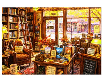 Cozy Bookshop Scene Jigsaw Puzzle with Tin | Retro Small Town | 500 & 1000 pc Puzzle