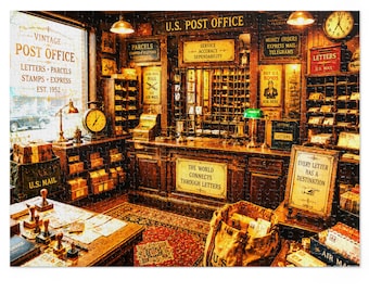 Vintage Post Office Interior Jigsaw Puzzle with Tin | Retro Stationery Scene | 500 & 1000 pc