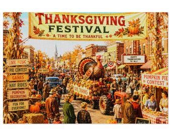 Thanksgiving Festival Scene Jigsaw Puzzle with Tin | Vintage Harvest Parade | 500 & 1000 pc