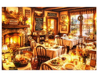 Cozy Country Inn Jigsaw Puzzle with Tin | Warm Autumn Dining Scene | 500 & 1000 pc