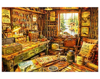 Rustikale Vintage Fischerhütte Szene Puzzle mit Dose | See Hütte Werkstatt Kunstwerk | 500 & 1000tlg