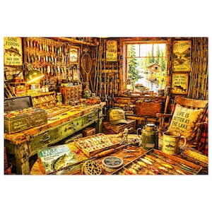 May include: A detailed illustration of a rustic fishing cabin interior featuring a wooden workbench covered in fishing lures, tackle boxes, and gear. A window overlooks a lake scene, while walls are decorated with vintage-style fishing signs.