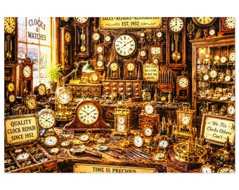 Vintage Clock Shop Jigsaw Puzzle with Tin | Timepiece Collage Puzzle | 500 & 1000 pc