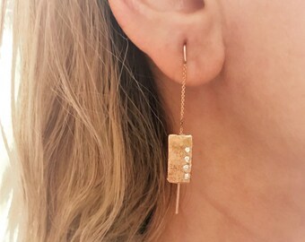 14 Karat Rose Gold Rectangle Handmade Chain Drop Earring with Diamonds, Rectangle Earring, 14 Karat Gold Earring, 14K Rose Rectangle Earring