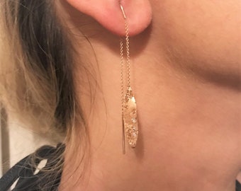 14 Karat Rose Gold Oval Lariat Handmade one side Earrings with Diamonds, 14 Karat Rose Gold Earring, Handmade Earring, Single Chain Earring,