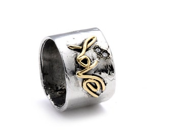 Liebe Ring, Sterling Silber Damen Ring mit 14 Karat Gold Schriftzug