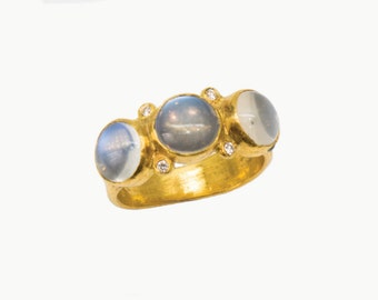 24Karat Gold Ring , with Triple Moonstones and Diamonds