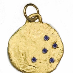 Gold disc , round pendant , blue sapphire pendant, 14k gold disc
