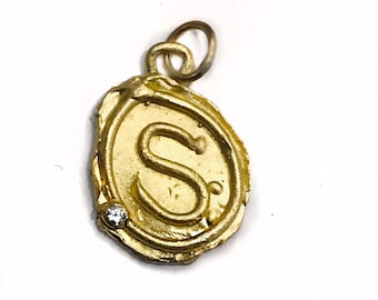 14K Yellow Gold Initial S Charm Pendant Necklace with a Single Diamond