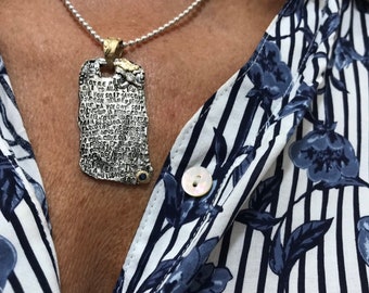 Silver and gold , our lord prayer in french language , Sapphaire pendant with silver chain