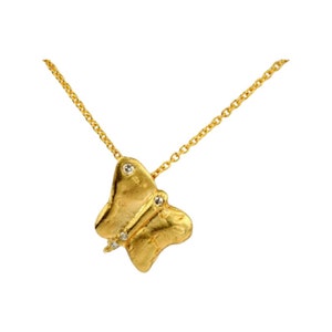 Handmade 14 Carat Yellow Gold Butterfly Pendant & Women&#39;s Necklace with diamond on 16&quot;  Long Chain