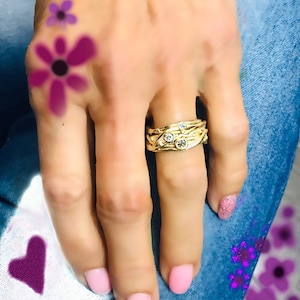 Gold wire wrap Tree  branch ring , 3 diamonds ring, family tree jewelry