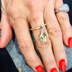 Gold Charm ring , 14 yellow gold , green diamonds ,stackable eing with charm