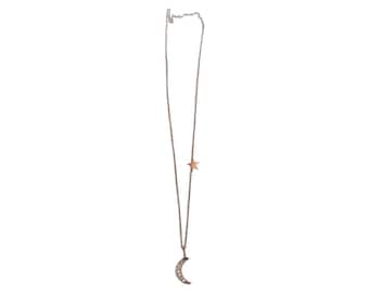 Colar com pingente de lua e estrela feito à mão em ouro rosa 14 quilates com diamantes, pingente de lua e estrela, colar com pingente de ouro rosa 14 quilates,