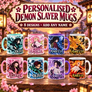 以下が含まれることがあります： Demon Slayerのアニメキャラクターのイラストと名前が入った8つのセラミックマグカップ。各マグカップには、鮮やかな色、花やエレメントのモチーフを用いたユニークなキャラクターデザインが施されており、OliviaまたはAmeliaの名前がプリントされています。
