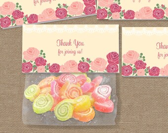 Romantic Floral Rose Printable Sandwich Sized Treat Bag Toppers, Instant Download, DIY