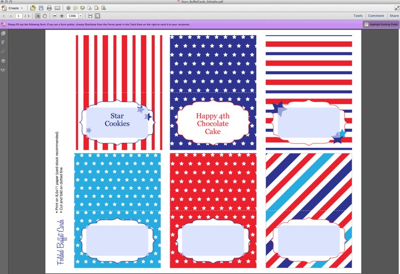 Editable Stars & Stripes Folding Buffet Cards, Printable, Instant Download, Food Tags Place Cards, Memorial Day, Fourth of July, 4th of July image 2