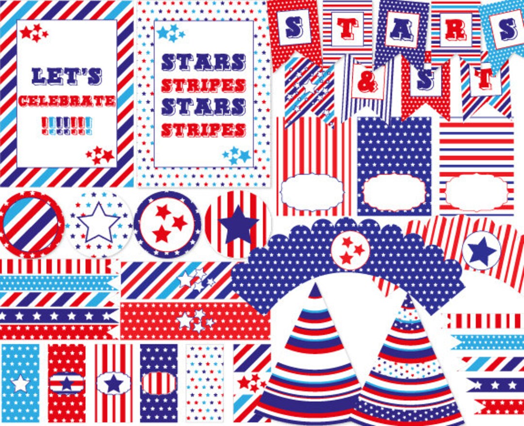 Stars &amp; Stripes Printable Party Kit, Instant Download, Editable, Memorial Day, Fourth of July ...