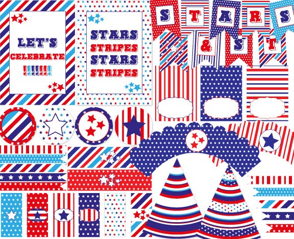 Stars &amp; Stripes Printable Party Kit, Instant Download, Editable, Memorial Day, Fourth of July ...