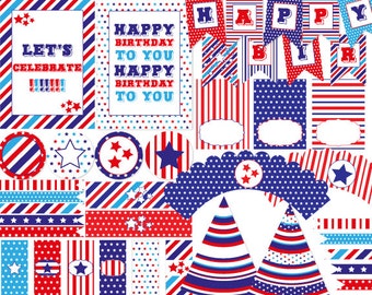 Puede incluir: Decoraciones de fiesta imprimibles rojas, blancas y azules con estrellas y rayas. Incluye pancartas, adornos para cupcakes, etiquetas y sombreros de fiesta. El texto en la pancarta dice "Feliz cumpleaños".